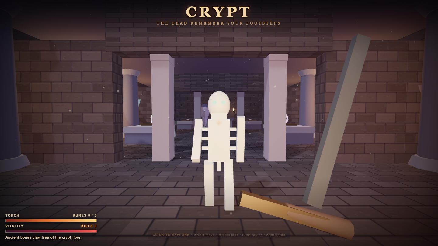 Sol's one-shot crypt crawler — textured stone walls, pillars, archways and a floating rune