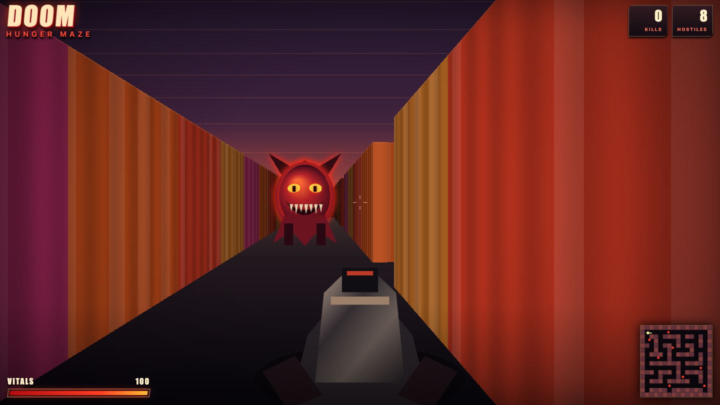 Sol's one-shot Doom-style raycaster — red-lit corridors, a demon sprite, weapon viewmodel and minimap