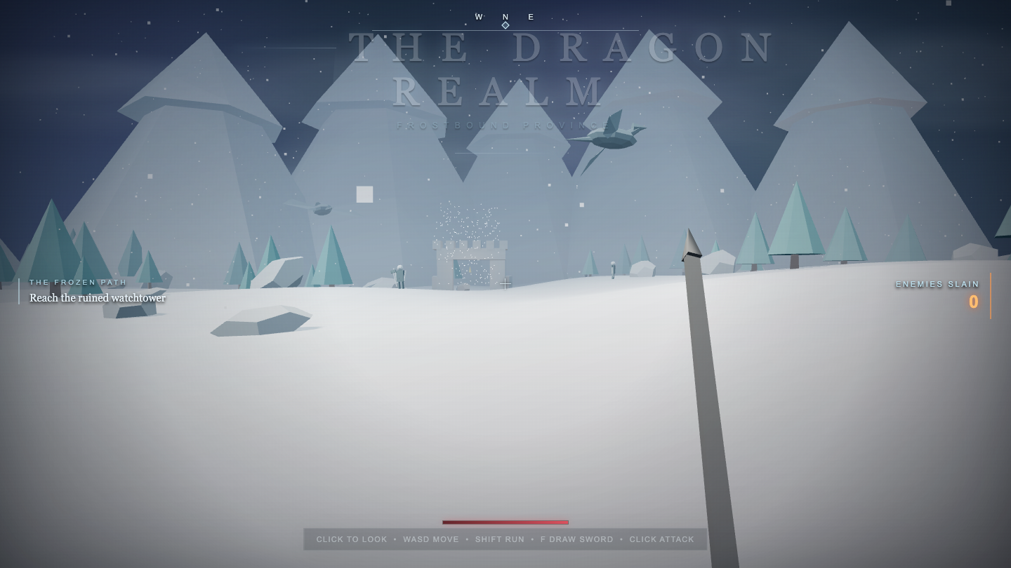 Sol's one-shot Dragon Realm — a snowy low-poly open world with mountains, pines, a flying dragon and a drawn sword