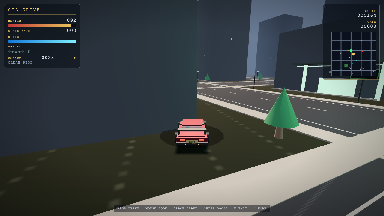 Grok 4.7 one-shot build of gtadrive — GoldieBench playtest frame