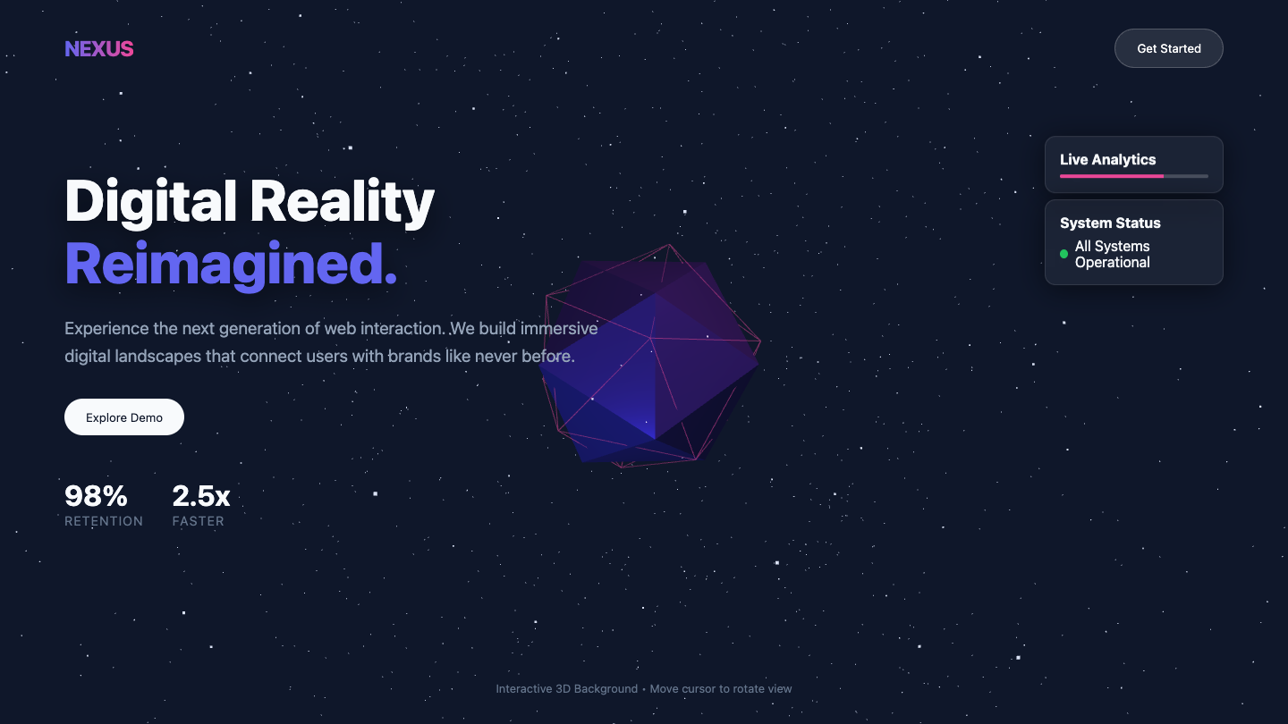 A dark landing page with a rotating 3D polyhedron, starfield and analytics cards