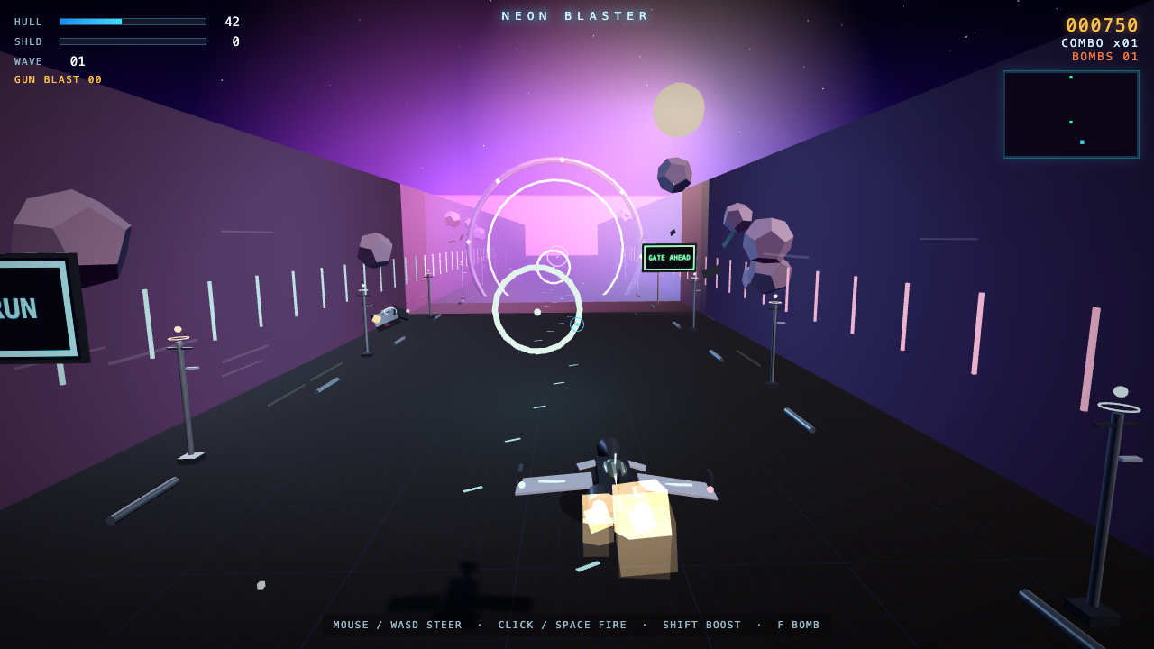 Grok 4.7 one-shot build of neonblaster — GoldieBench playtest frame