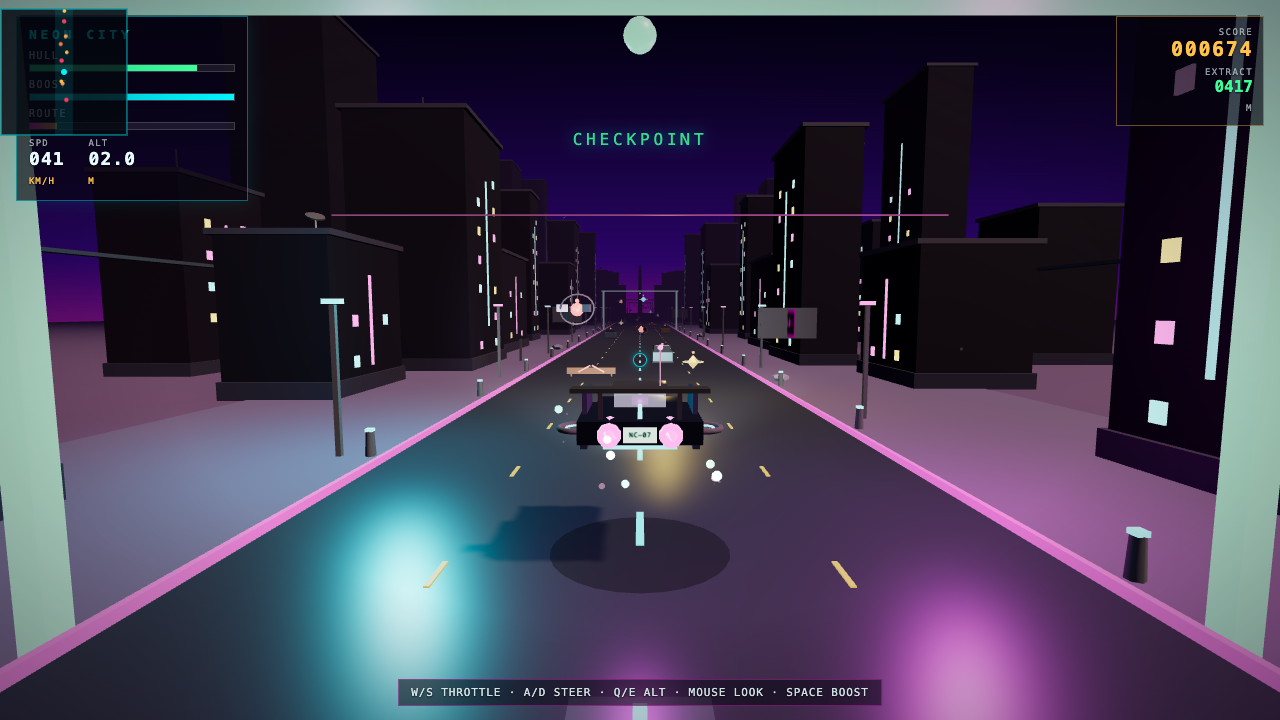 Grok 4.7 one-shot build of neoncity — GoldieBench playtest frame