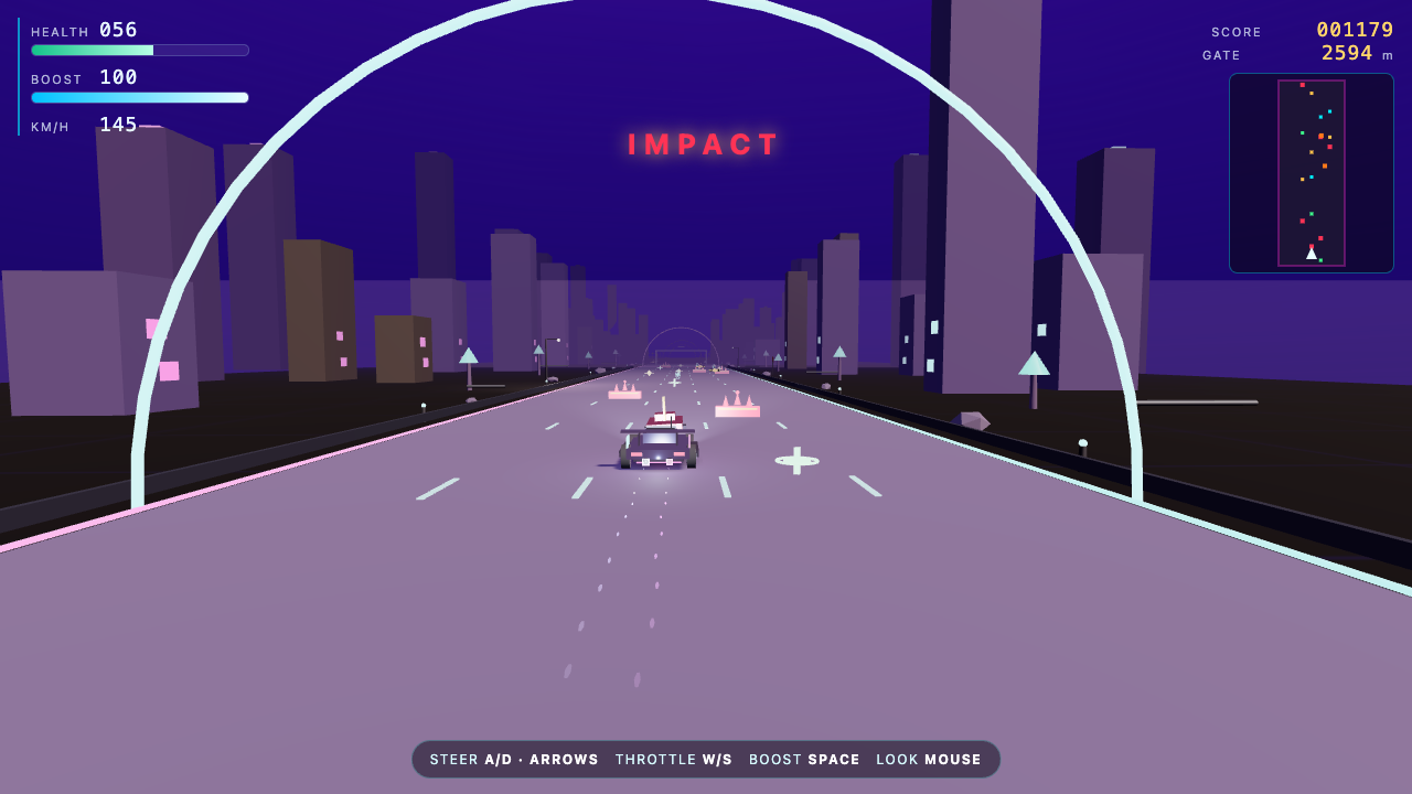 Grok 4.7 one-shot build of neonracer — GoldieBench playtest frame