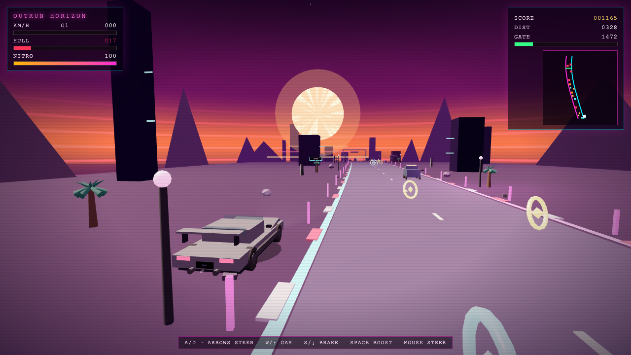 Grok 4.7 one-shot build of outrun — GoldieBench playtest frame