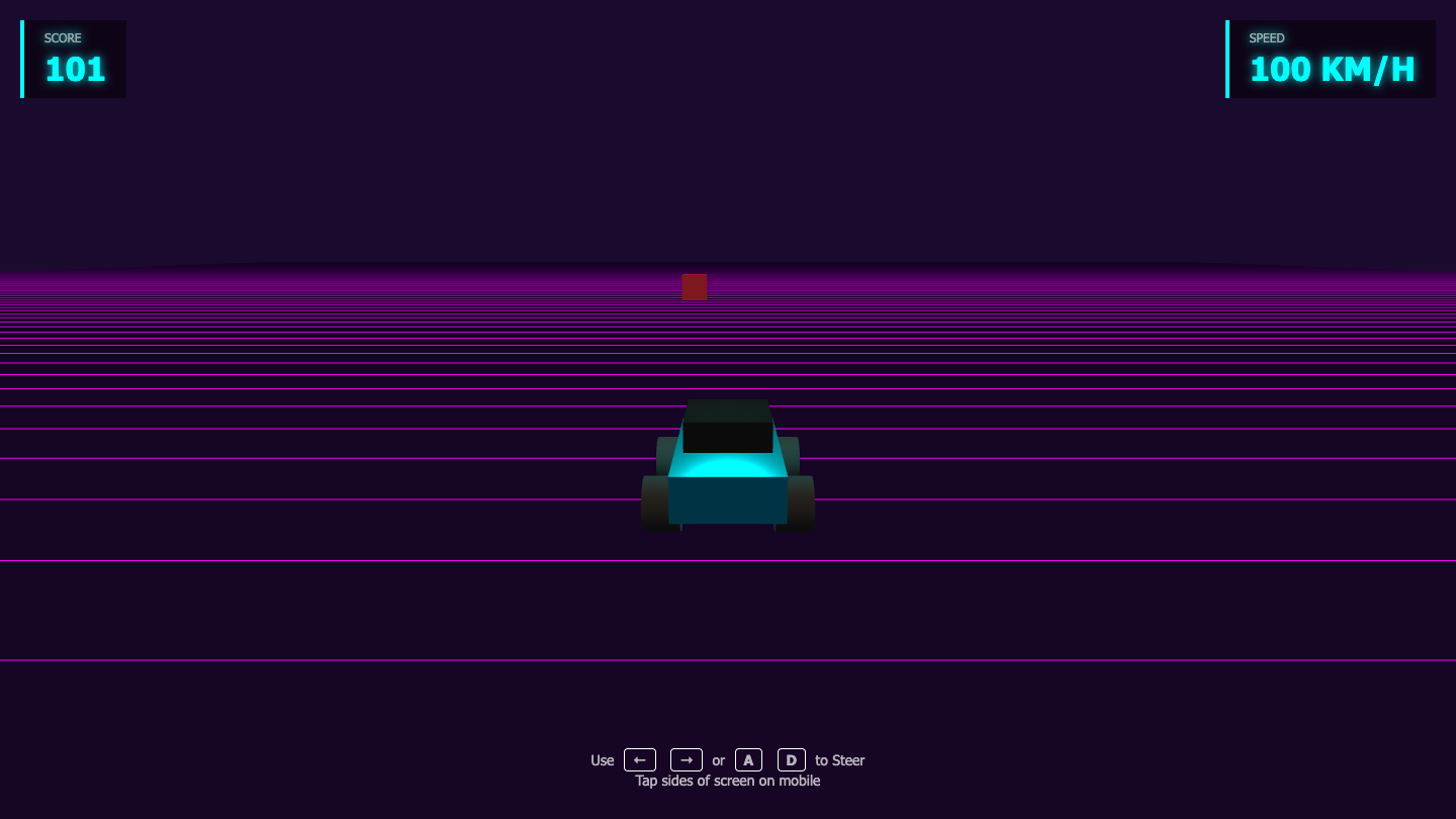 A playable synthwave racing game with score and speed HUD