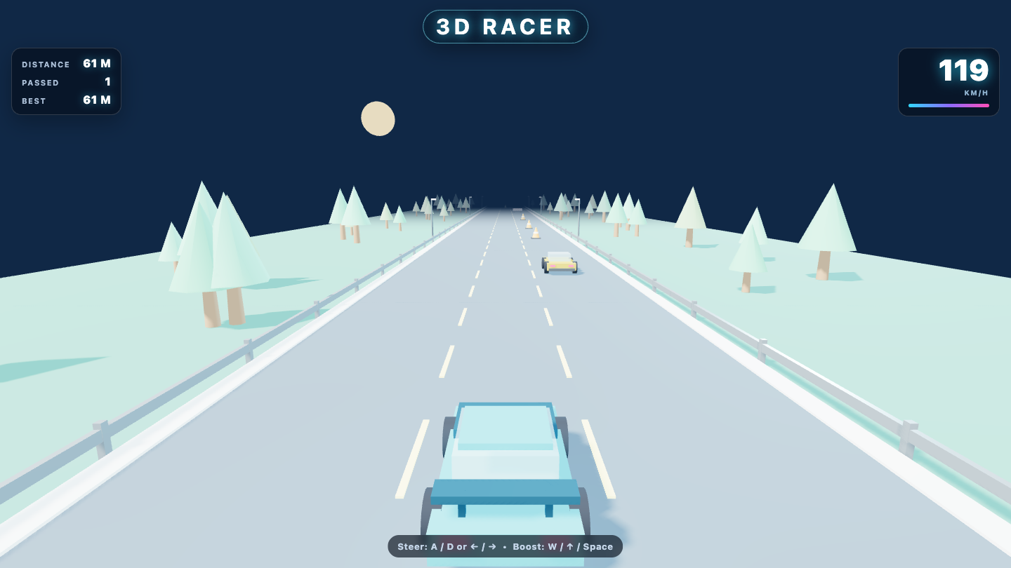 Sol's one-shot 3D racer — a modeled car on a receding track with guardrails, an AI rival and cones