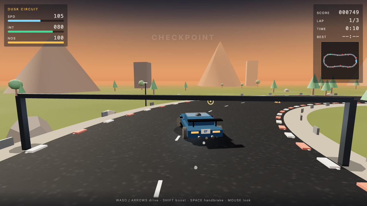 Grok 4.7 one-shot build of racing — GoldieBench playtest frame