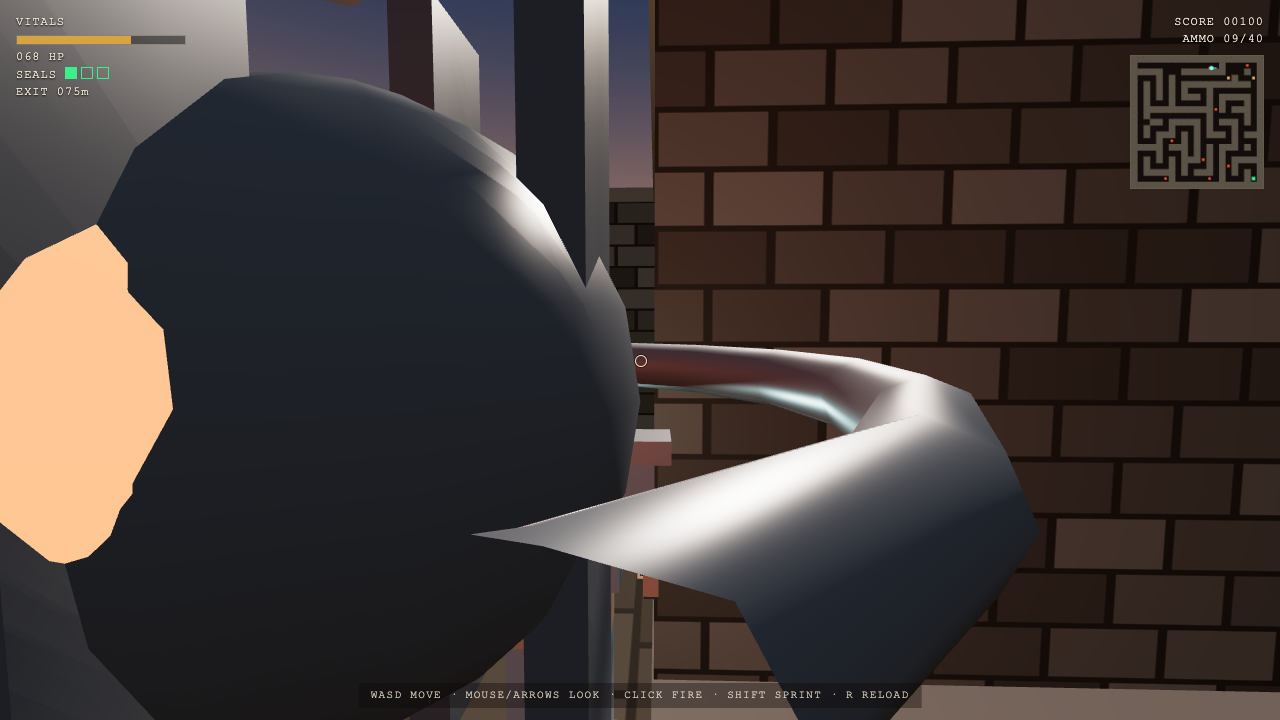 Grok 4.7 one-shot build of raycaster — GoldieBench playtest frame