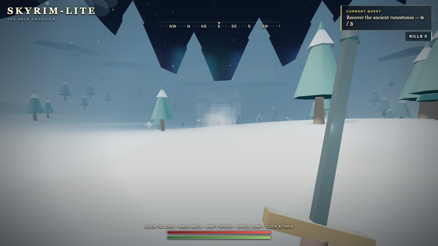 Sol's one-shot Skyrim-lite — snowy terrain, distant mountains, a stone keep and a first-person sword