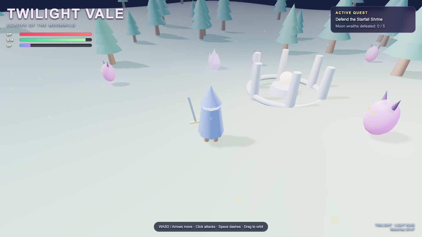 Sol's one-shot Twilight Vale RPG — a hooded hero with a sword, a shrine, wraith enemies and a forest