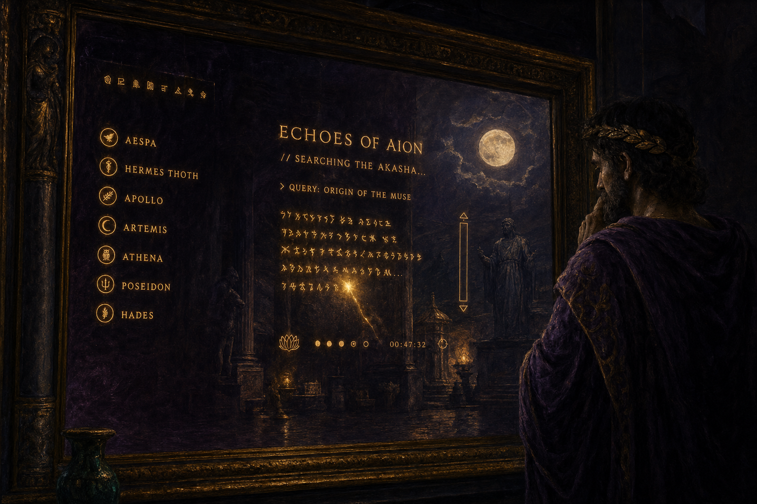 A glowing cursor traces itself across a dark mirror, clicking luminous markers — no hand visible