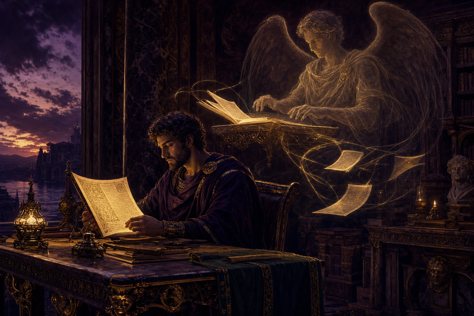 A robed figure works at a marble desk while a translucent winged spirit works at a second hovering desk just behind them — the shadow worker