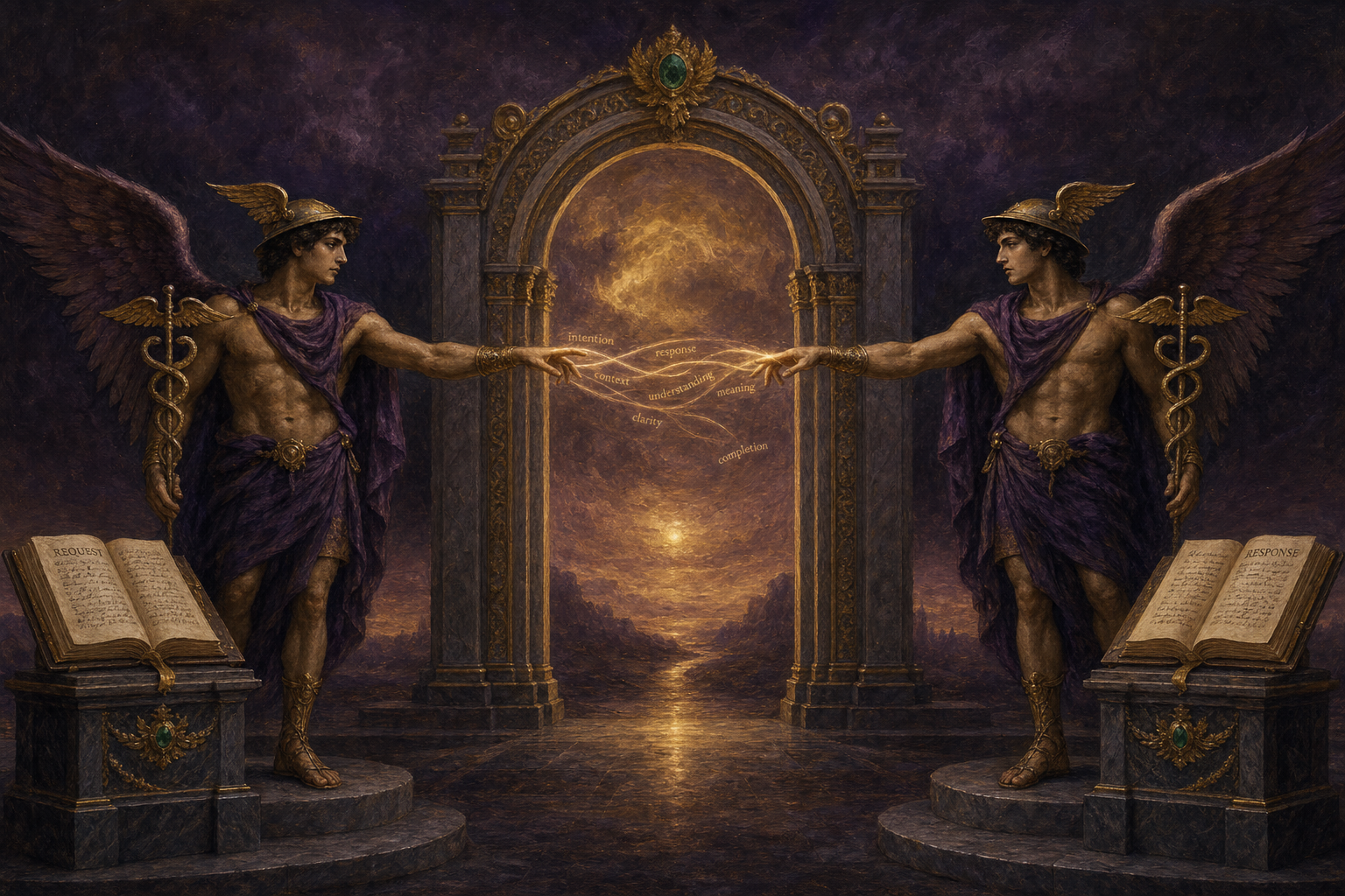 Two identical winged messengers facing each other across a glowing portal, threads of light carrying words between them