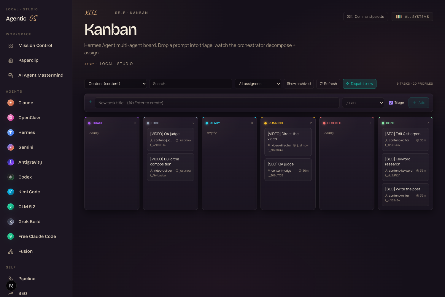 The Content Machine kanban board — GLM-5.2 agents assigned across the stages