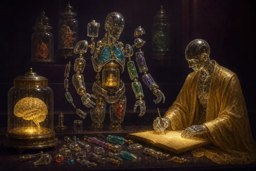 A glowing brain sealed in a glass jar beside a transparent modular body assembling itself from separate glowing organs
