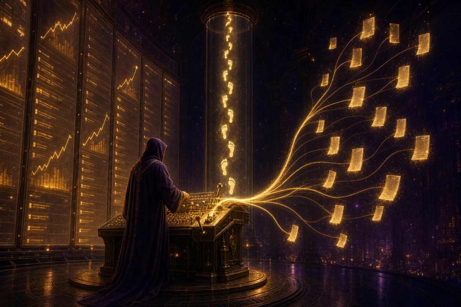 A robed engineer fully clothed in a long hooded robe stands at a brass console; a golden ribbon of light splits into glowing pages that assemble in mid-air beside a wall of climbing search rankings