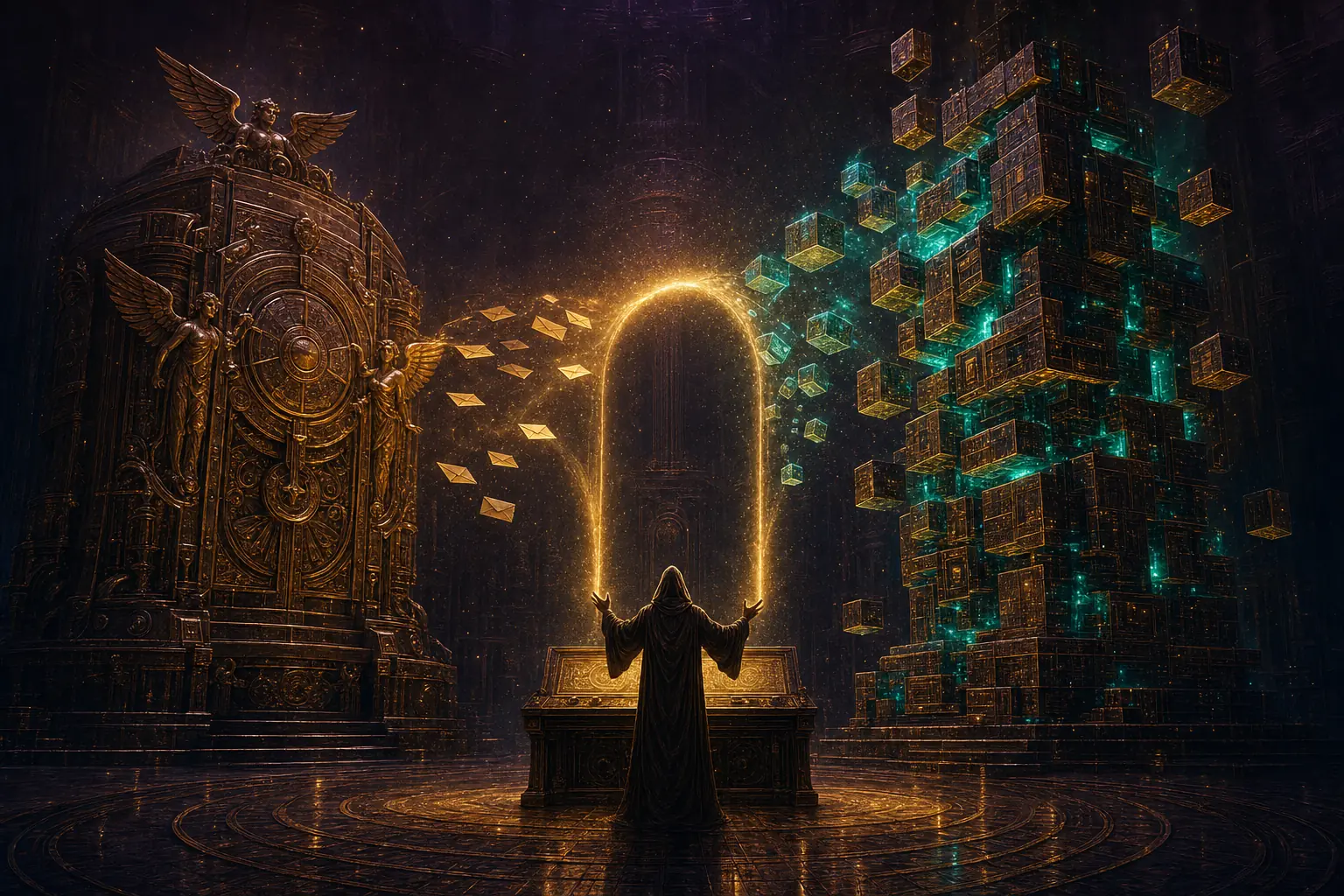 A sealed winged bronze engine and a tower of glowing modular bricks face each other in a dark hall, linked by an arc of gold light pouring into one console where a robed engineer stands fully clothed