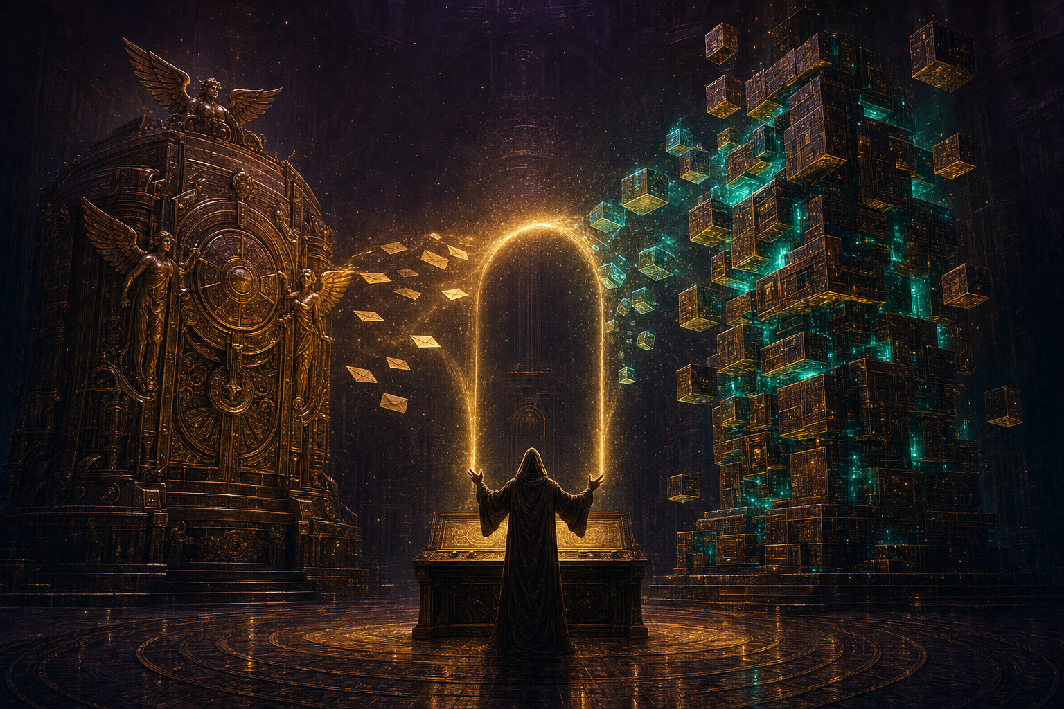 A sealed winged bronze engine and a tower of glowing modular bricks face each other in a dark hall, linked by an arc of gold light that pours into one console where a robed engineer, fully clothed in a long hooded robe, stands with hands raised.