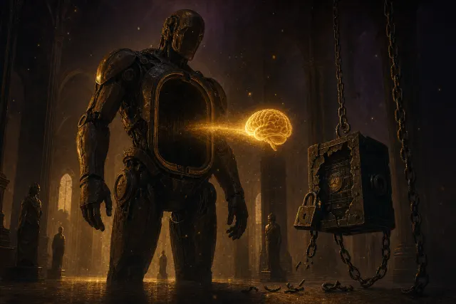 A colossal bronze worker-machine with an open empty chest receiving a glowing golden brain on a beam of light, beside a broken padlocked meter box with fallen chains