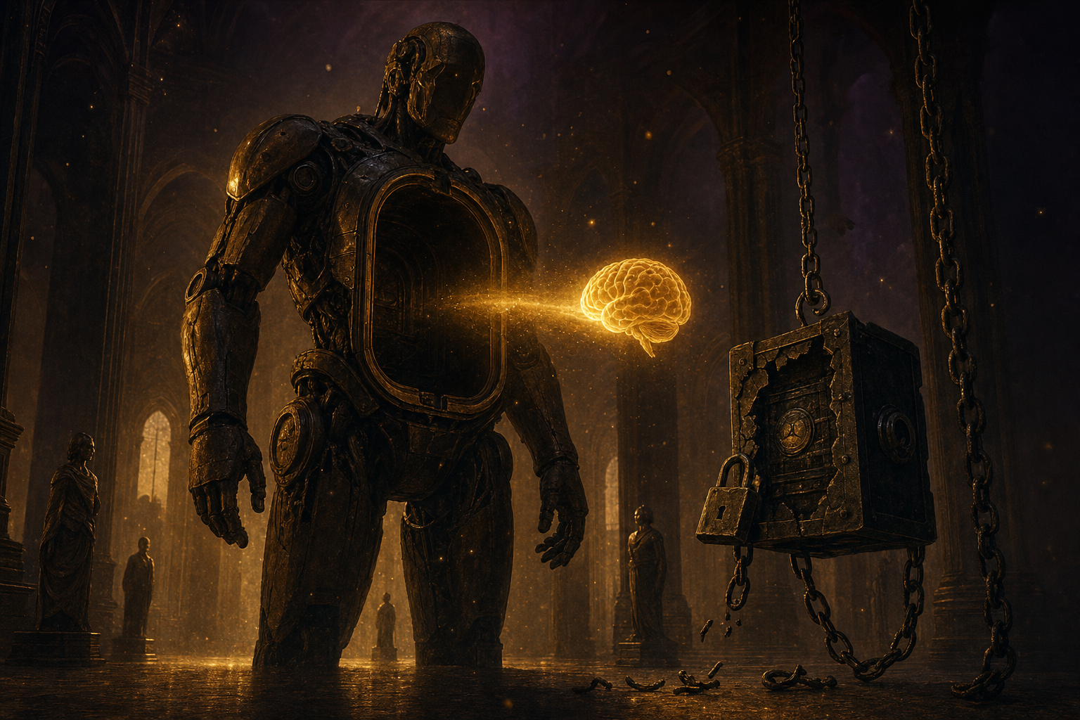 A vast bronze worker-machine with an open, empty chest receiving a glowing golden brain on a beam of light, beside a broken padlocked meter box