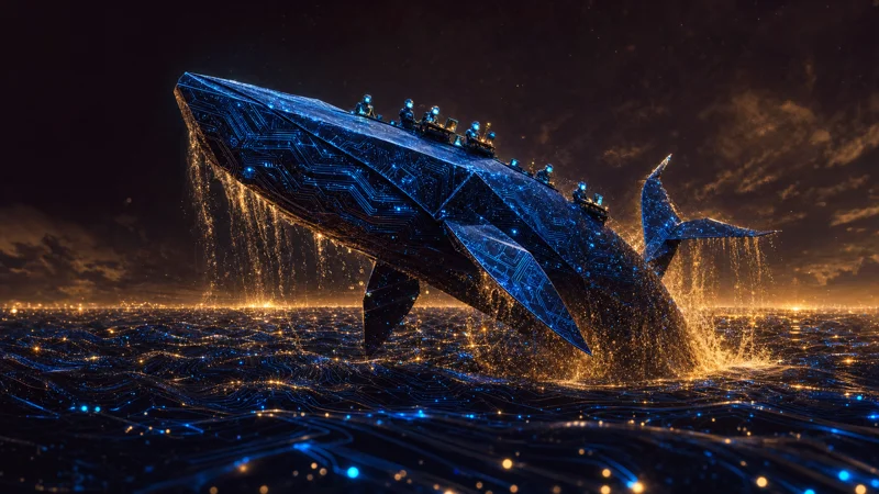 A glowing origami whale of blue circuitry bursting from an ocean of data with tiny agent figures on its back