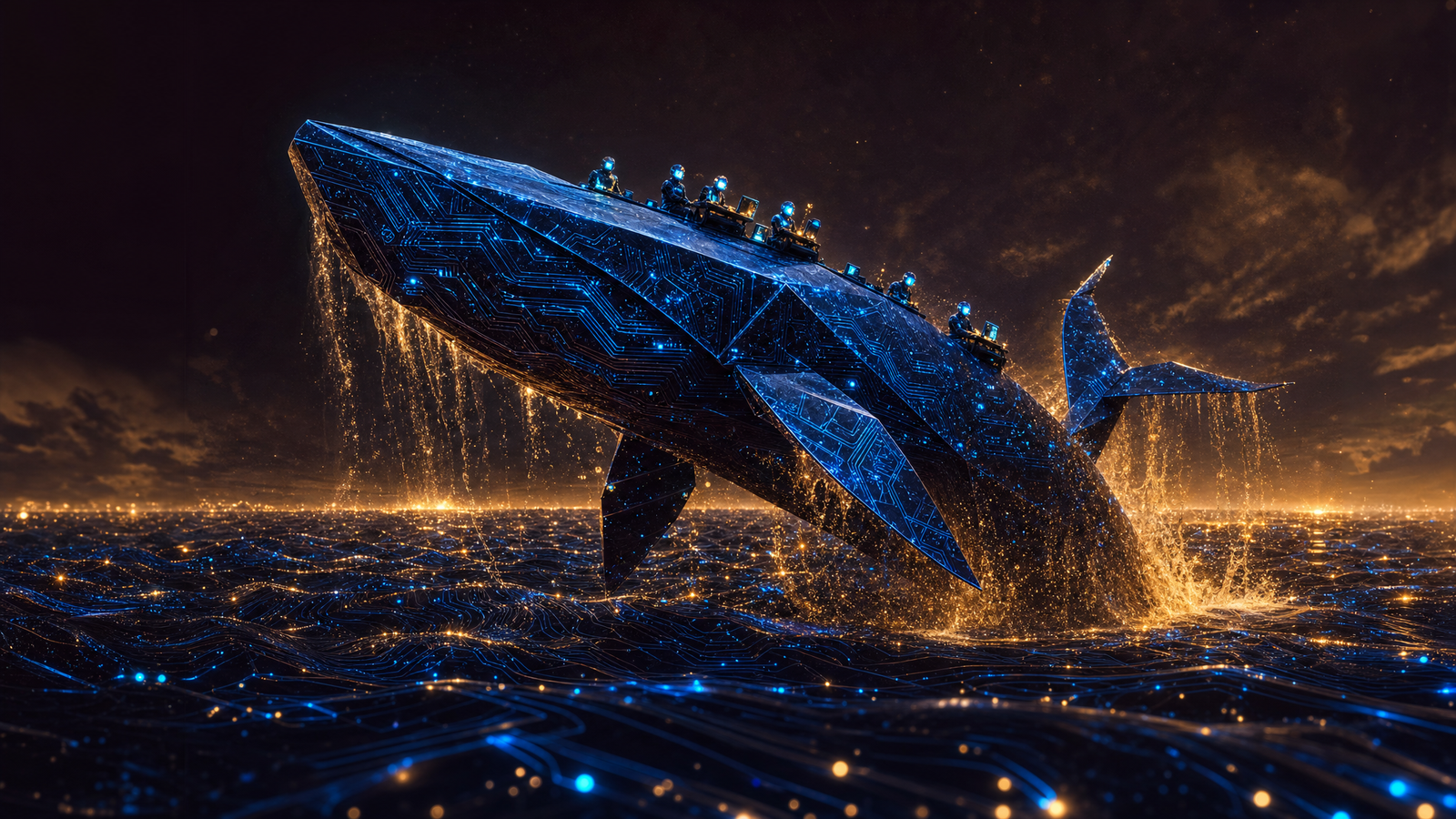 A glowing origami whale of blue circuitry bursting from an ocean of data, tiny agent figures working on its back