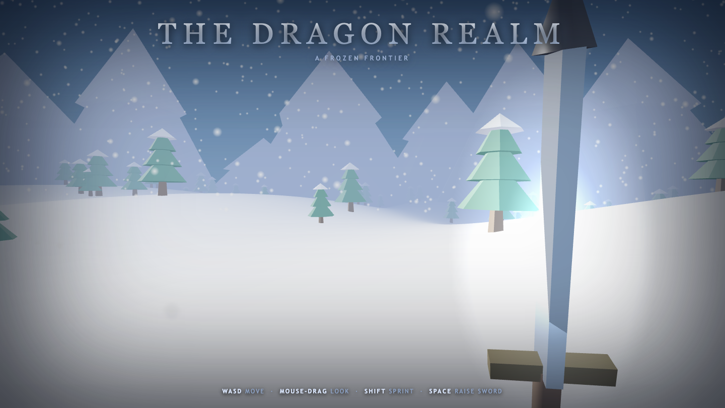 The Dragon Realm — a snowy fantasy world with mountains, pines and a first-person sword