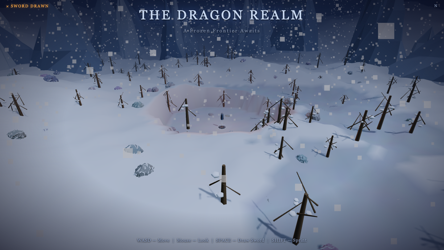 Qwable 27B — a full Skyrim-style frozen open world with snow terrain, low-poly trees, falling snow, mountains and a full HUD