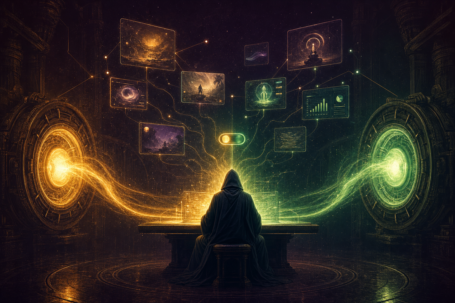 A robed hooded operator at a single glowing coding console, flanked by two engines — a gold sun-engine and an emerald engine — both feeding light into one shared constellation of app, game and dashboard previews, a half-gold half-emerald toggle glowing above
