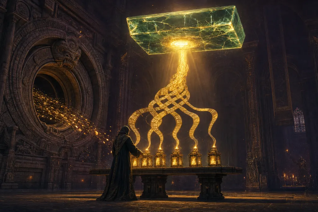 A robed engineer fully clothed in a long hooded robe lights five small lantern-houses in a row; their golden ribbons braid into one river feeding a giant crystal answer-slab that beams light back down