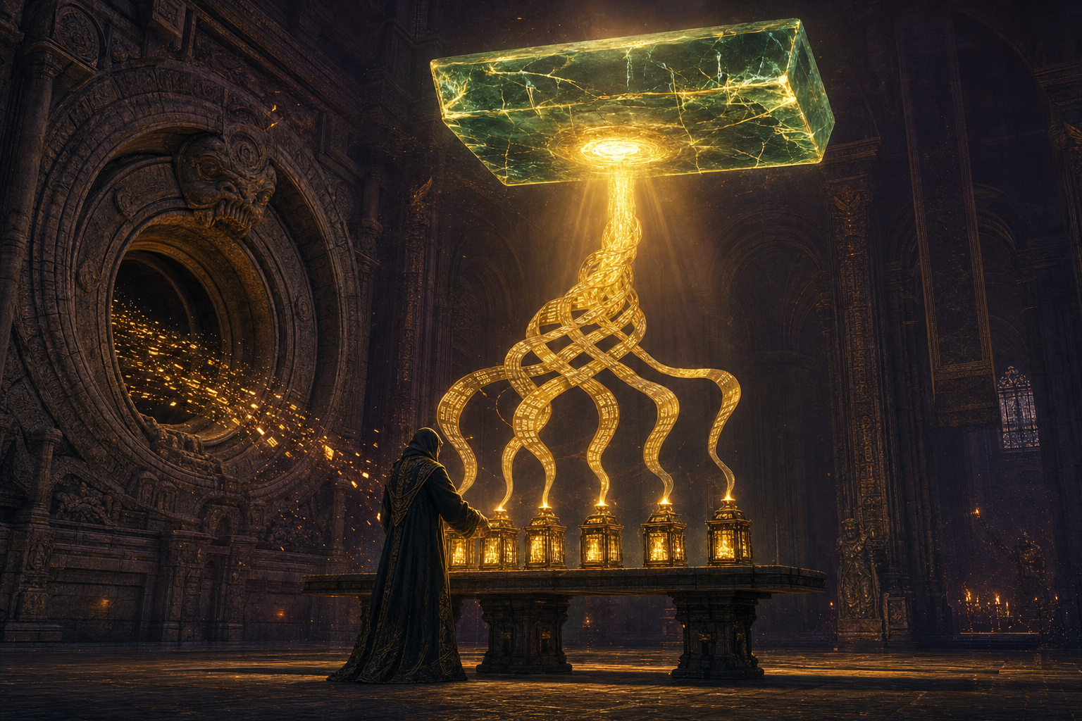 A robed engineer, fully clothed in a long hooded robe, lights five small lantern-houses in a row; their golden ribbons braid into one river feeding a giant crystal answer-slab that beams light back down