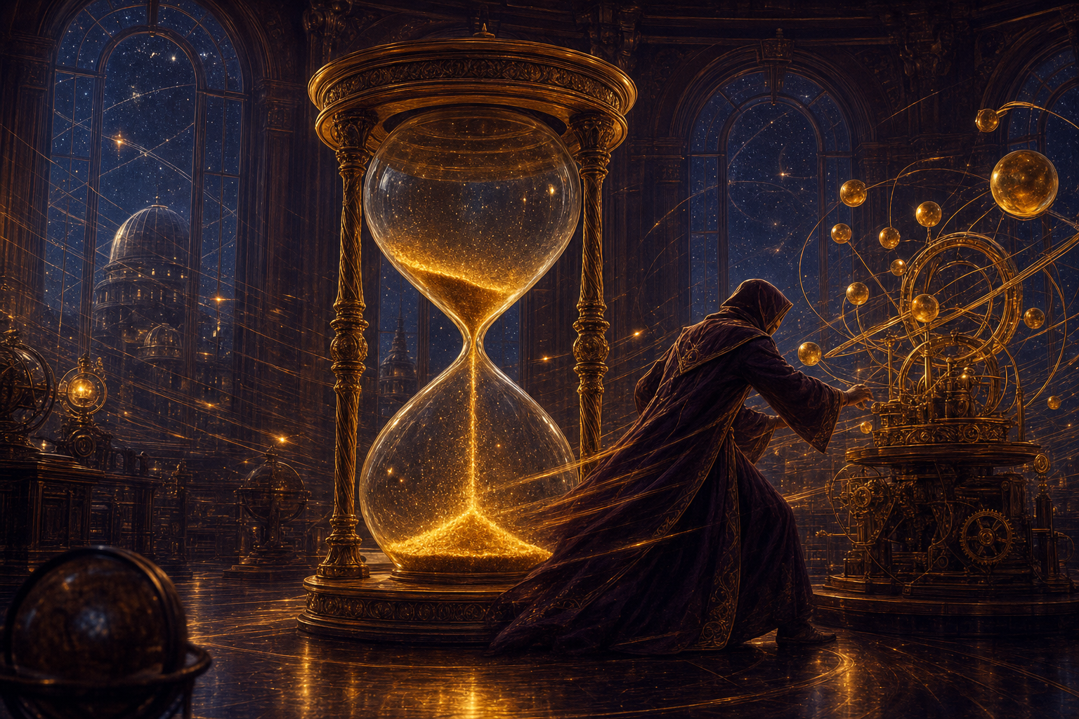 A grand golden hourglass with glowing sand nearly through, while a robed scholar fully clothed in a long flowing hooded robe races to assemble a glowing brass machine