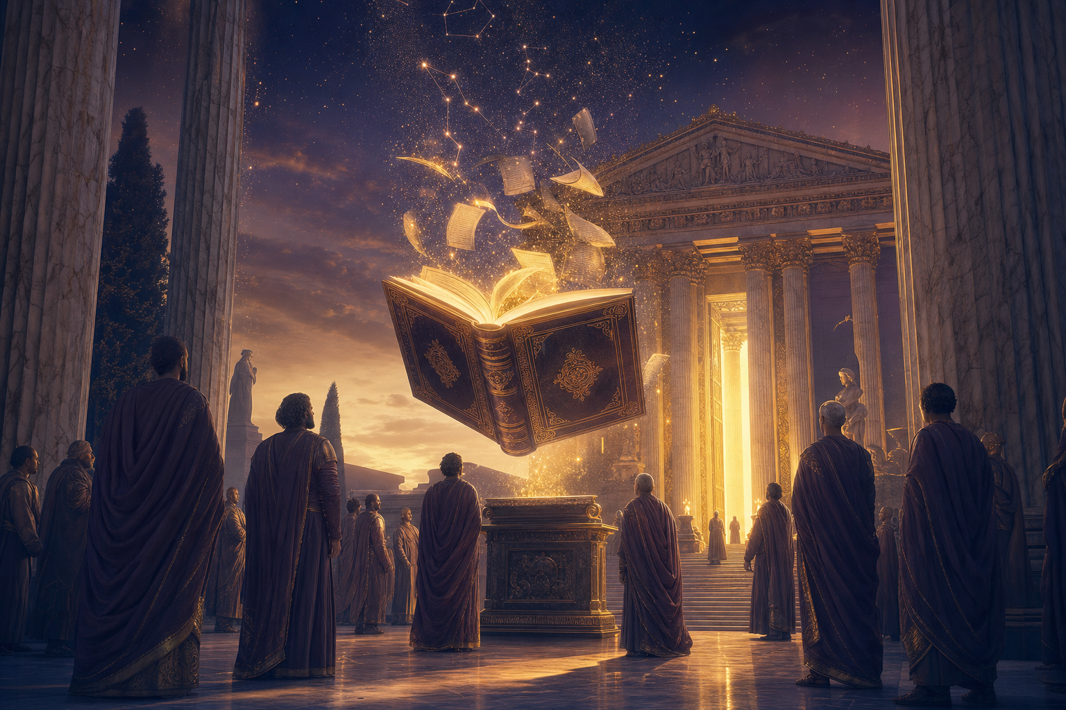 A grand classical marble temple at dawn, its doors reopening with golden light, a great glowing storybook turning its own pages above an altar as robed scholars in full-length chitons look on — the return of Fable 5