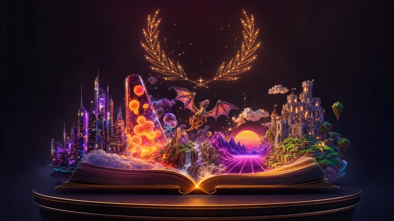 An open storybook with miniature game worlds rising from its pages under a constellation laurel