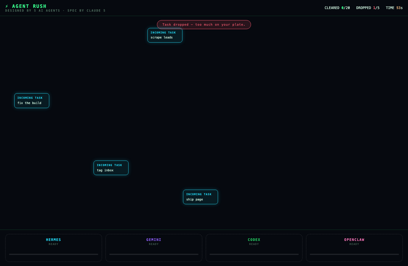 Agent Rush — playable, tasks raining down