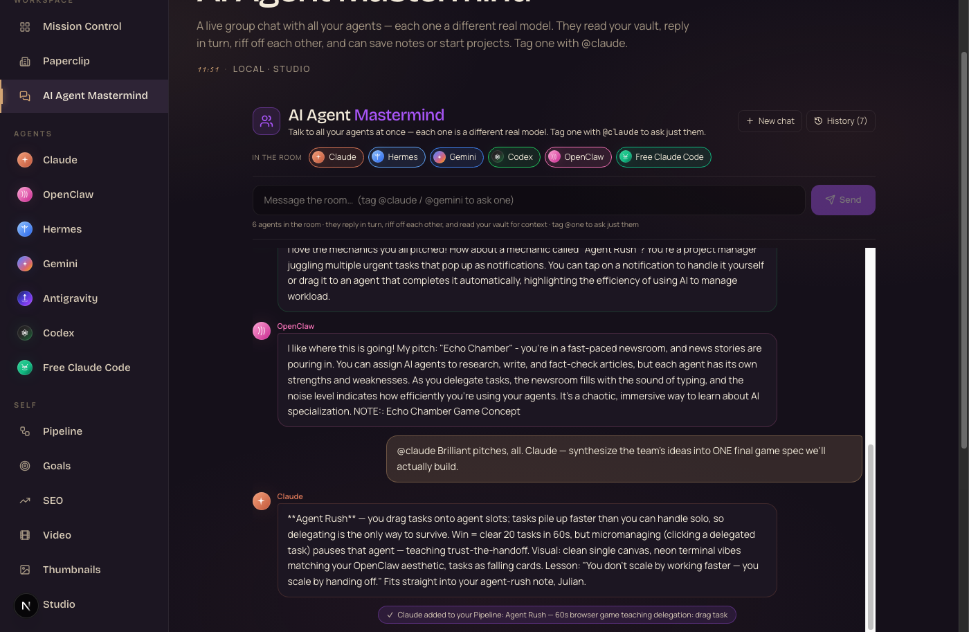 The Agent Room — five models designing Agent Rush together