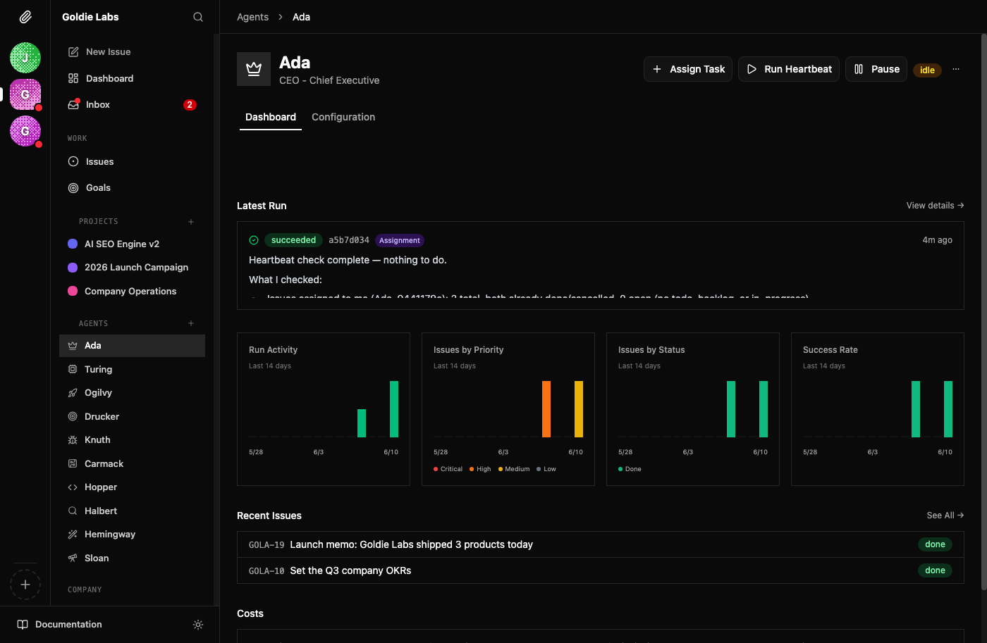 Ada's CEO dashboard — run succeeded, GOLA-19 done