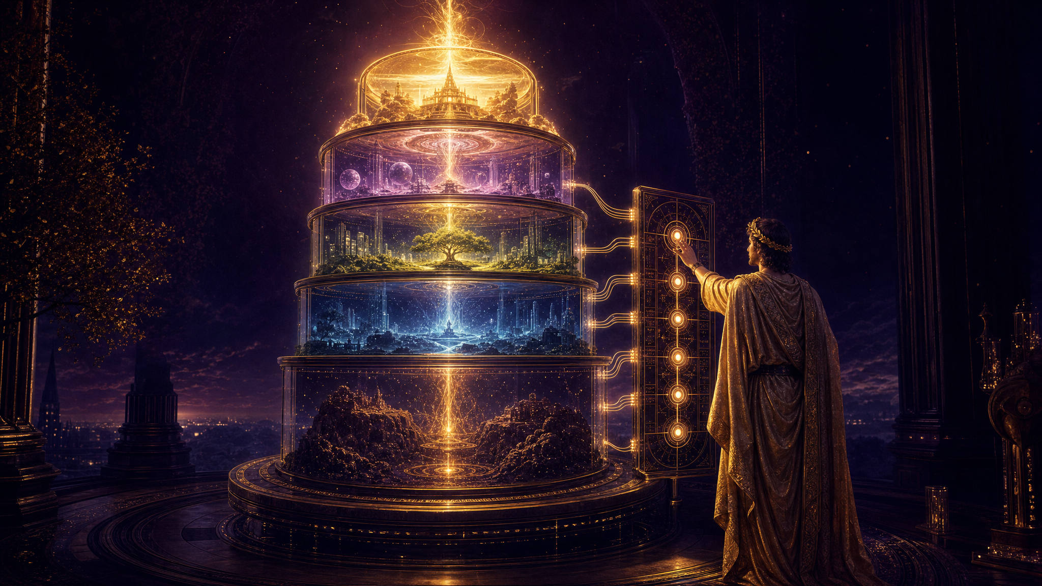 A luminous five-tier stacked structure of light rising from the ground, glowing brighter toward the top, with a robed operator figure fully clothed in a flowing golden chiton commanding it from a glowing control panel