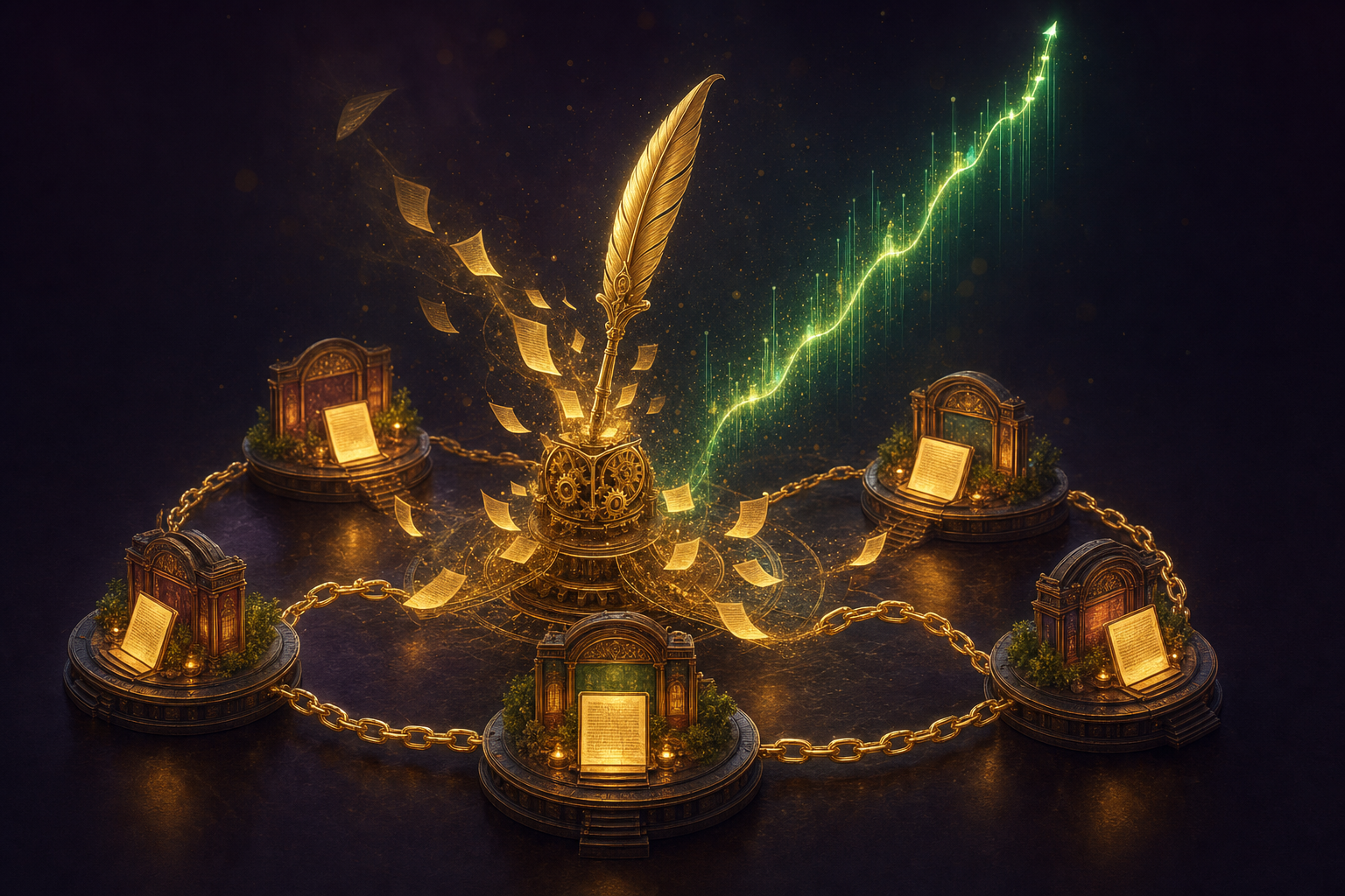 Five glowing websites arranged in a ring like a flywheel, a golden quill engine raining article pages onto them, gold link chains spinning the ring, an emerald traffic curve rising from the centre