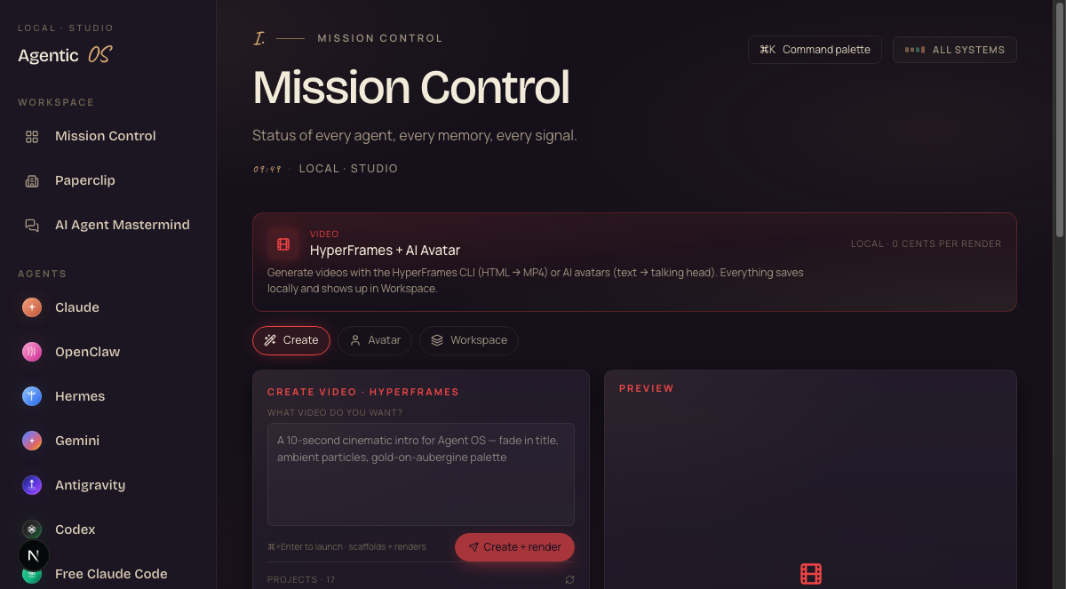 The Create panel — type a prompt, hit Create + render