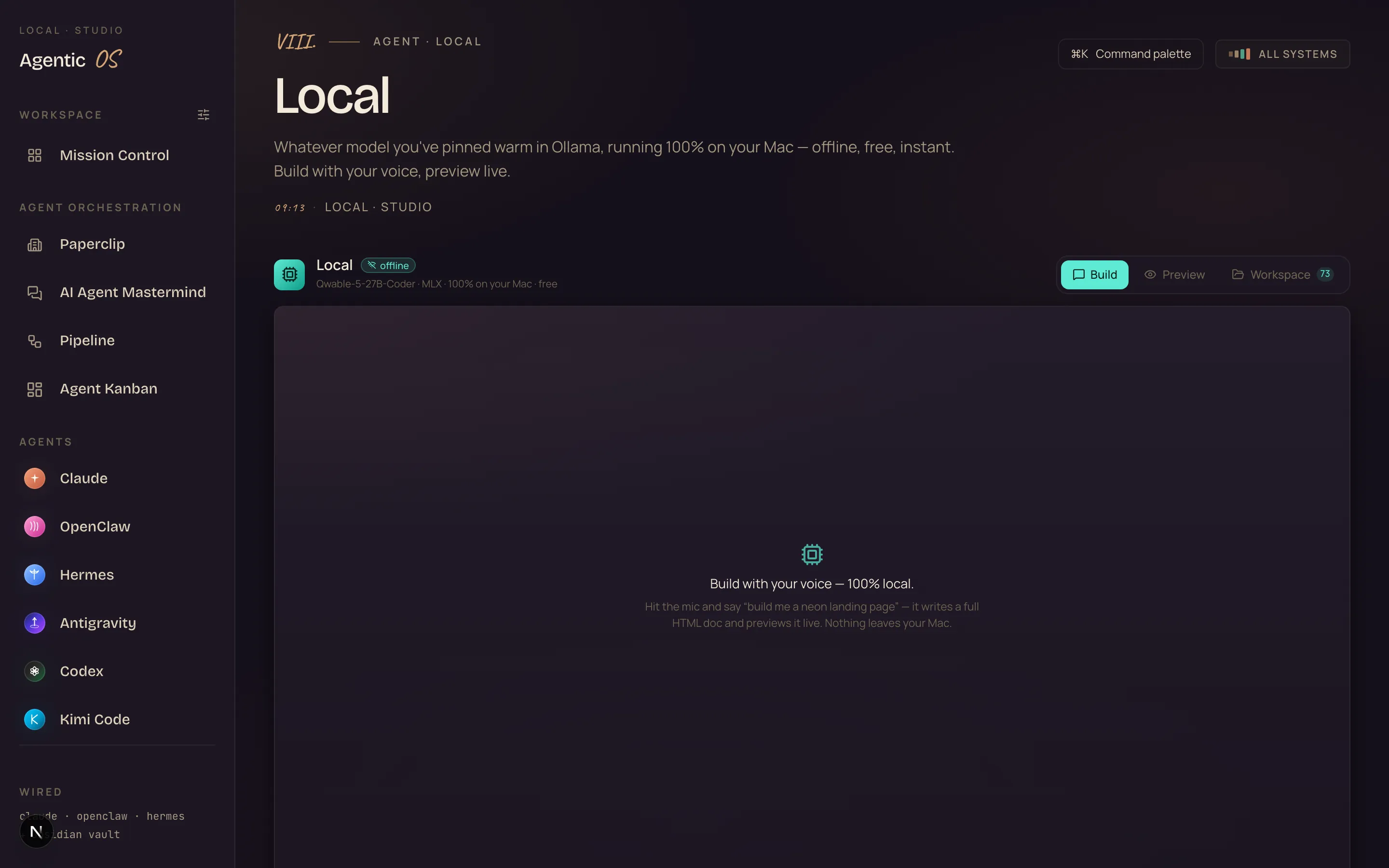The Local engine in Agent OS — a model running 100% on the Mac, offline and free, with a build-and-preview workspace