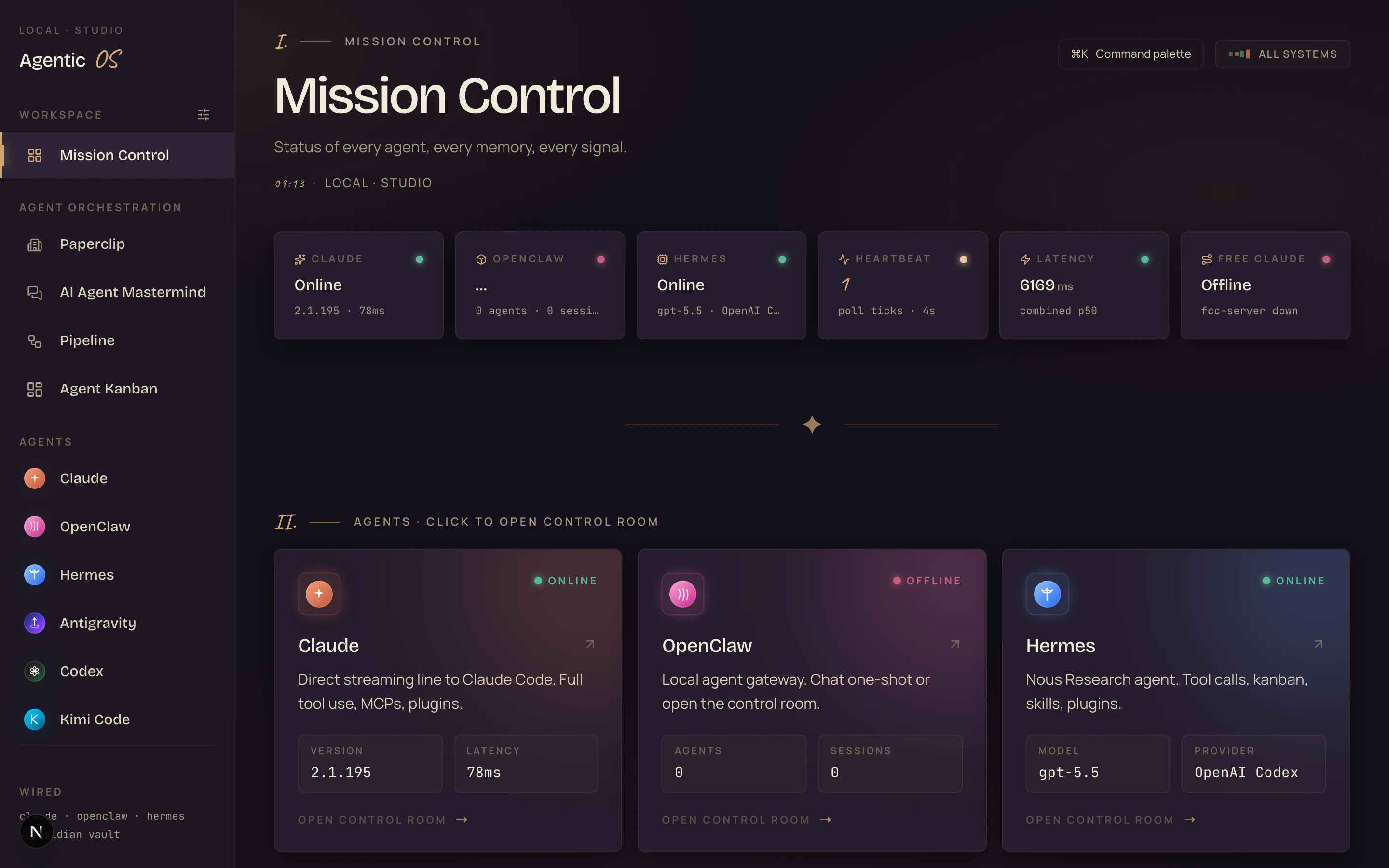 Agent OS Mission Control showing all SEO agents running live across research, writing and monitoring