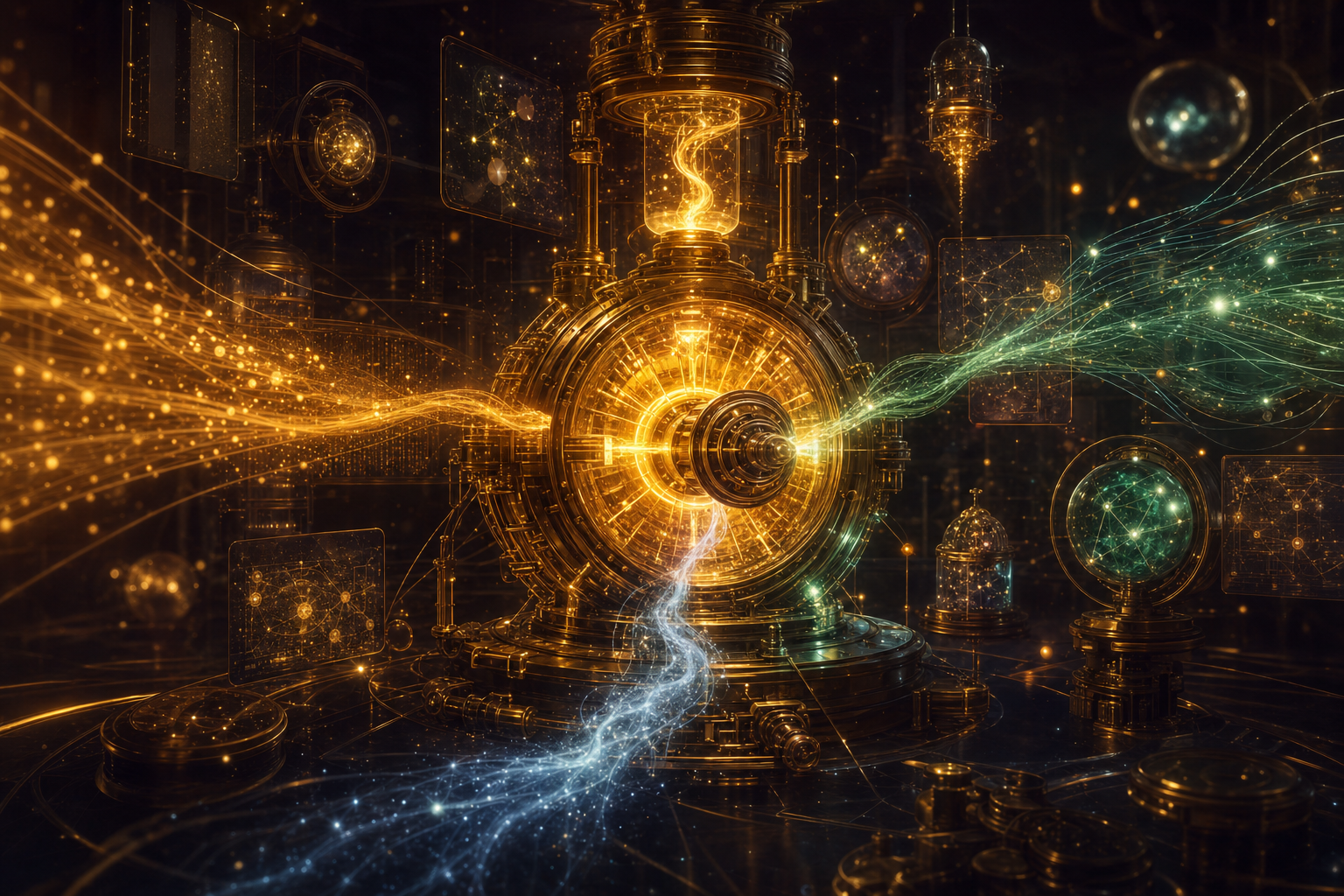 A glowing golden engine core powered by flowing rivers of free light, no meter, in a refined dark workshop — the Free Agent OS Engine