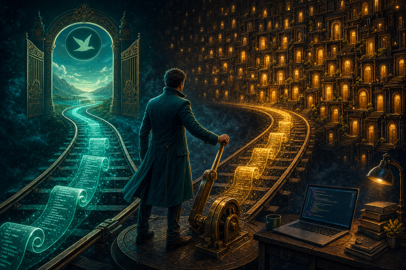 A brass switch-lever diverting two glowing tracks — teal toward an open free gate, gold toward a wall of lit doorways — feeding code into a laptop