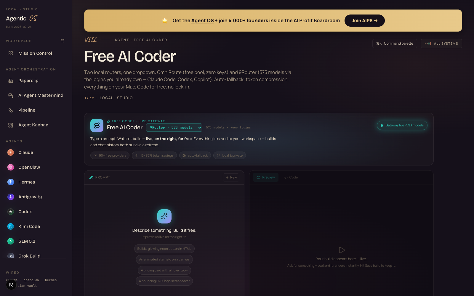 The Free AI Coder tab inside the Agent OS with the 9Router backend selected and the gateway reporting live