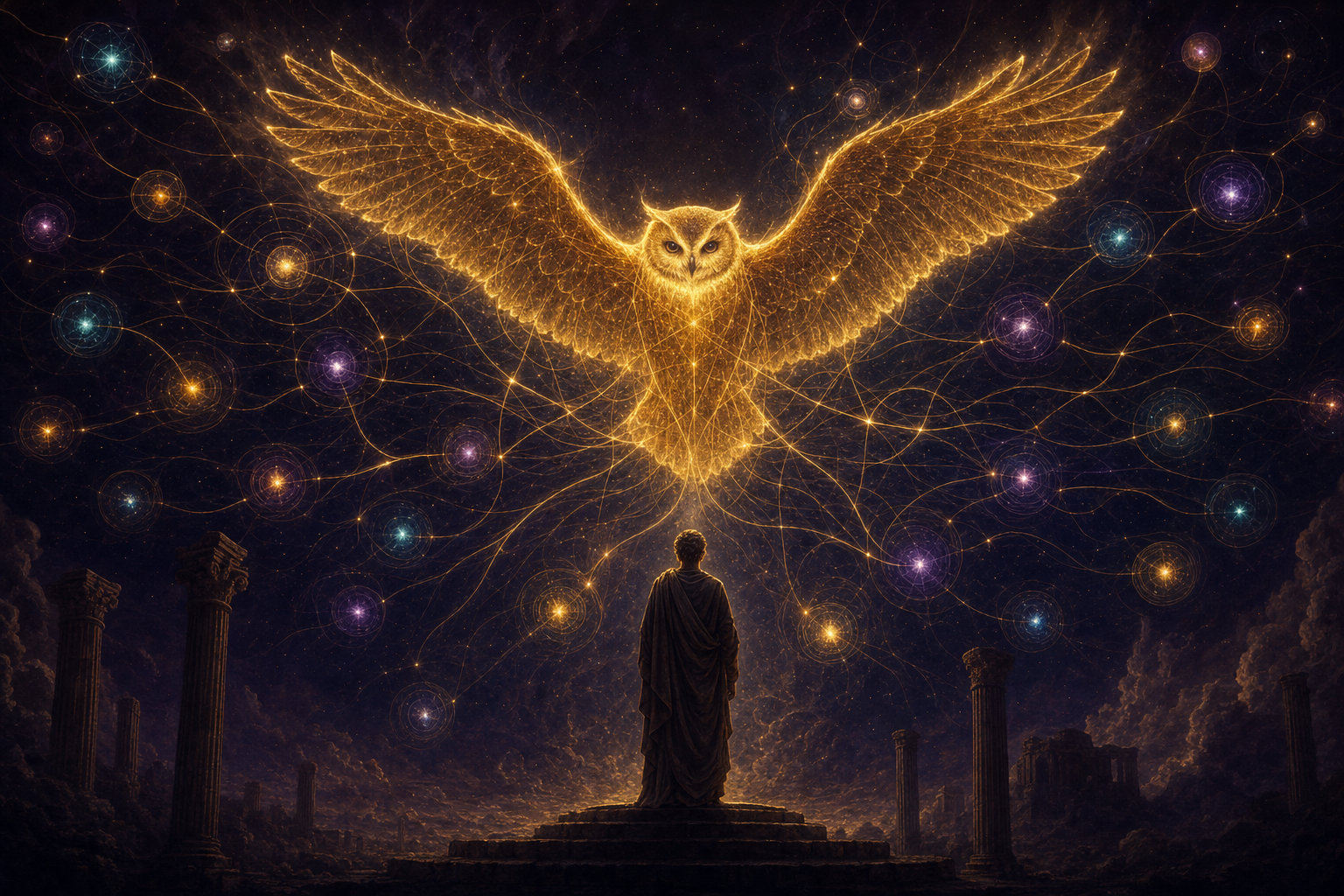 A glowing golden owl at the centre fanning light-filaments out to a constellation of free provider nodes, a robed scholar fully clothed in a long flowing chiton gazing up at it