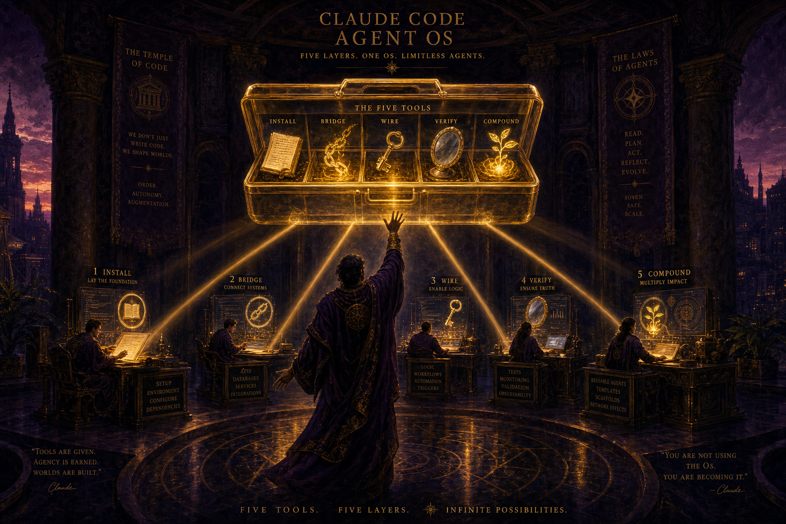 A warm workshop with a glowing toolbox in the middle, open to show five labelled tools, with a robed figure sending five beams of light out to five small workstations — a picture of a simple five-step setup