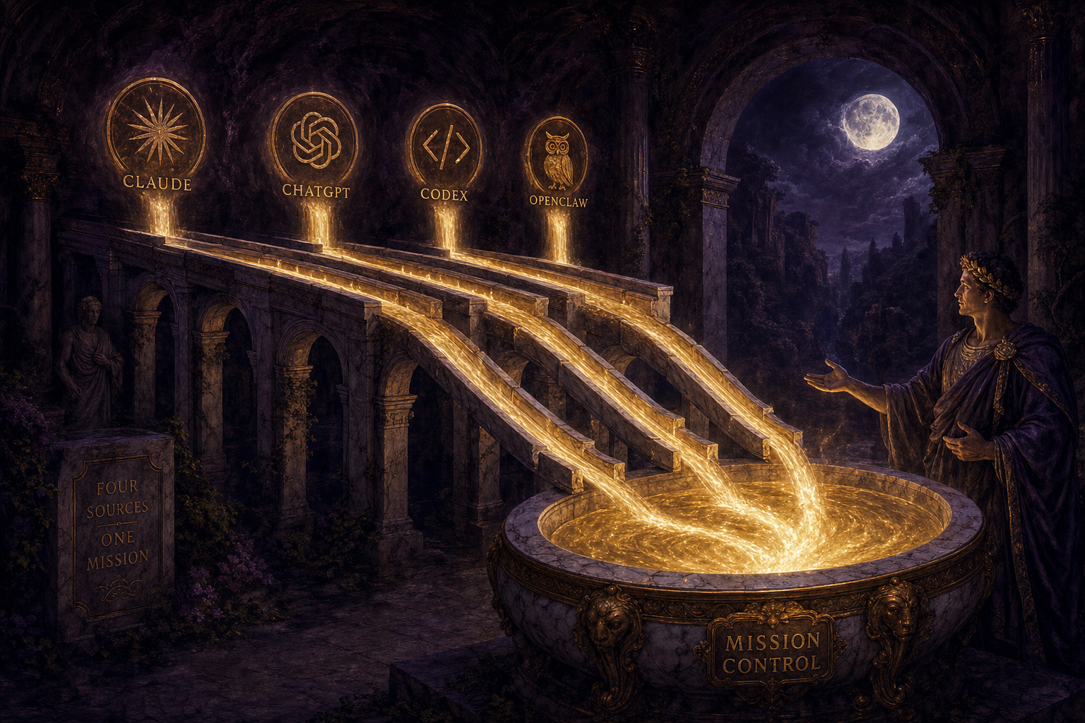 A picture of four labelled streams of light (Claude, ChatGPT, Codex, an owl) flowing along a channel and joining into one bright pool — a picture of separate tools becoming one simple setup