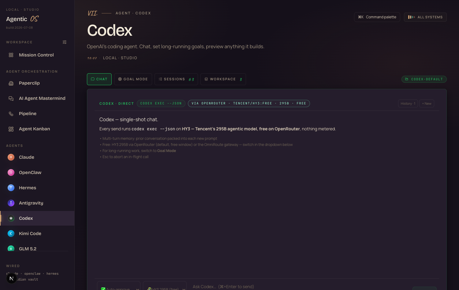 The Agent OS Codex tab with the HY3 engine badge showing via OpenRouter tencent/hy3:free 295B free
